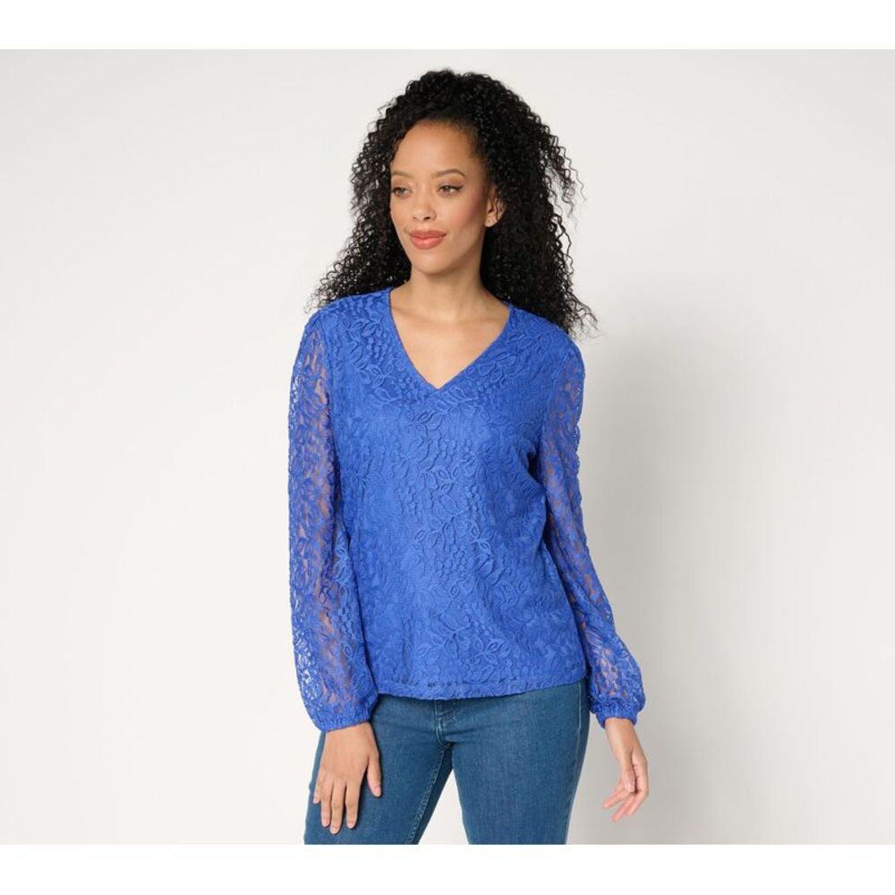 BEAUTIFUL by Lawrence Zarian Women's Top Sz M V-Neck Lace Blouse Blue A685805